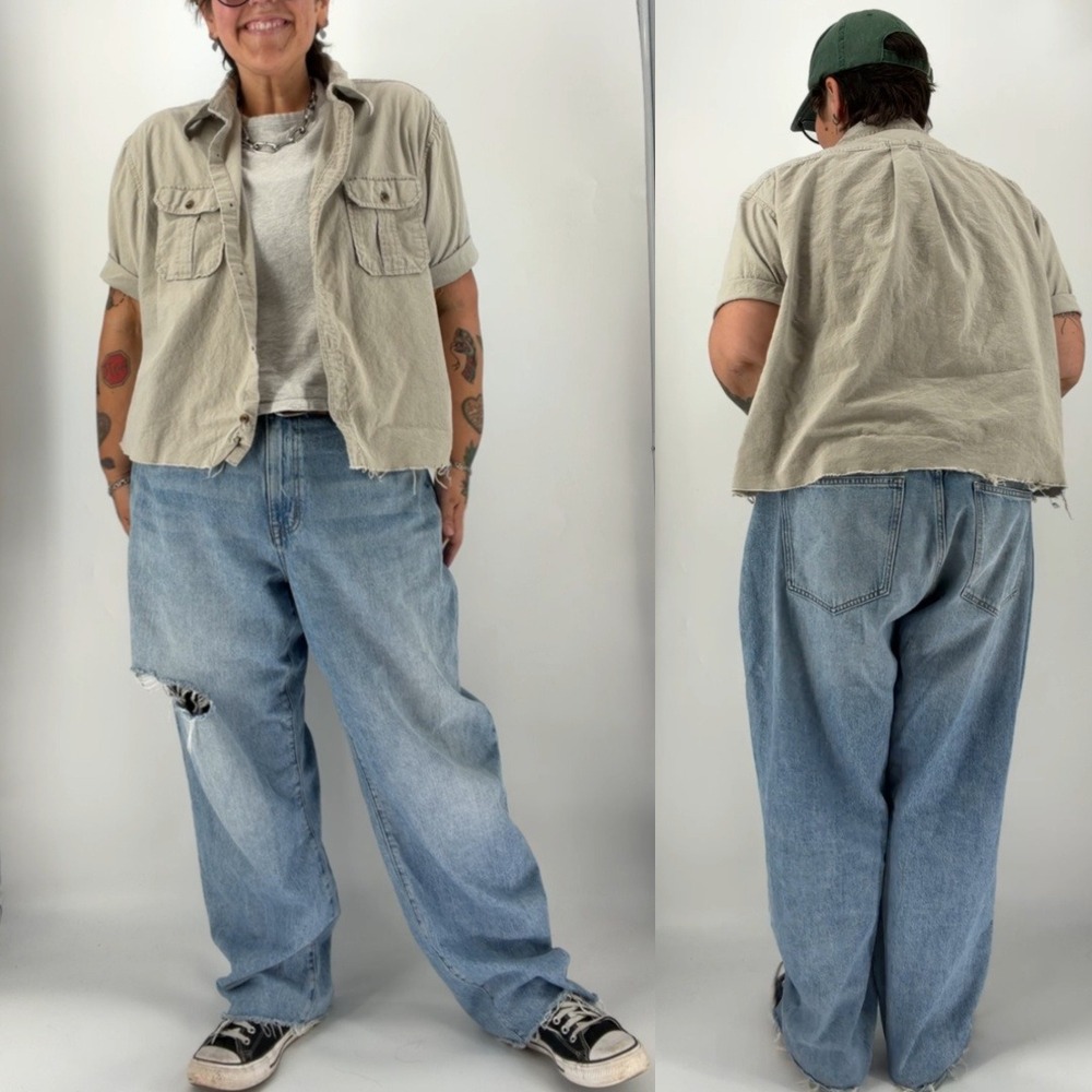 Croft & Barrow Mens XXL Khaki Tan Short Sleeve Raw Hem Cropped Button Down Shirt